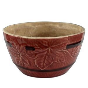 VTG Rose & Burgundy Crockery Barrel Bowl with Leaf Relief Pattern 5.5"D x 3"H